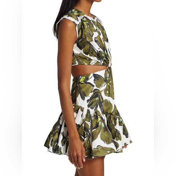 Aje Green and White Leaf Print Oasis Cut-out Horizon Olive Mini Dress